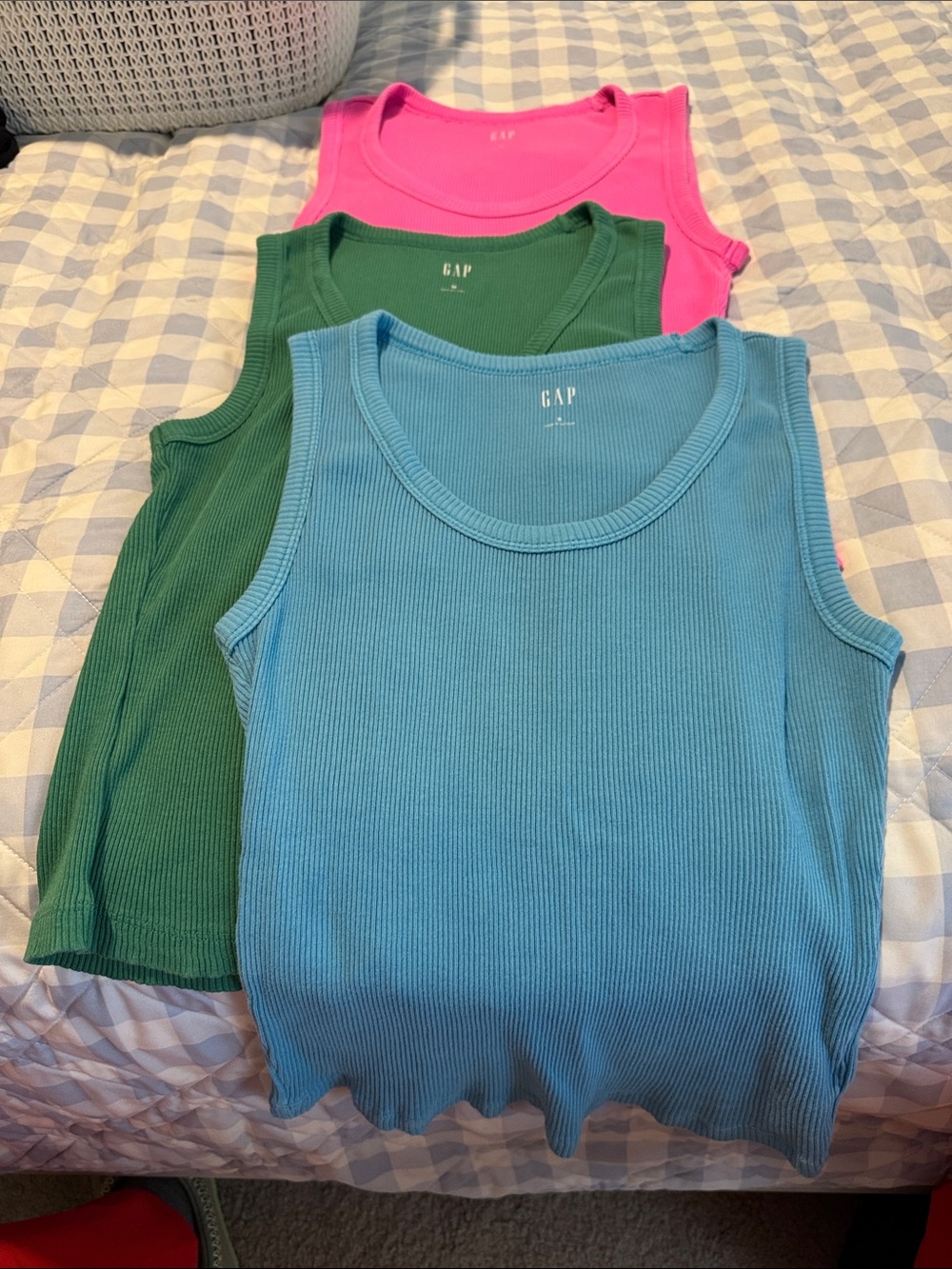 GAP Ribbed Tank Tops in Blue, Green, Pink (3-Pack) Pink Small Green Med Blue Sm